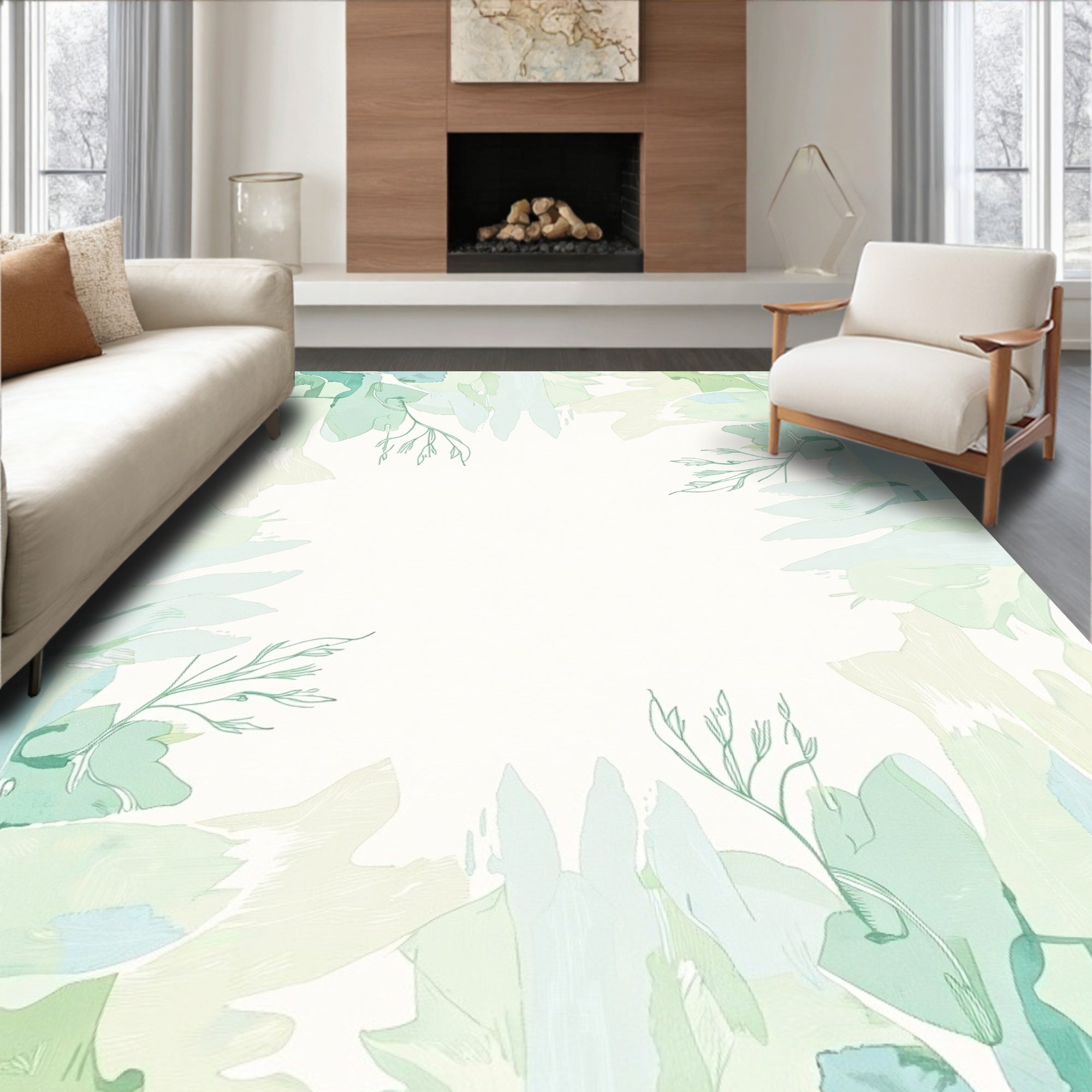 Light Green Watercolor Botanical Frame Rug