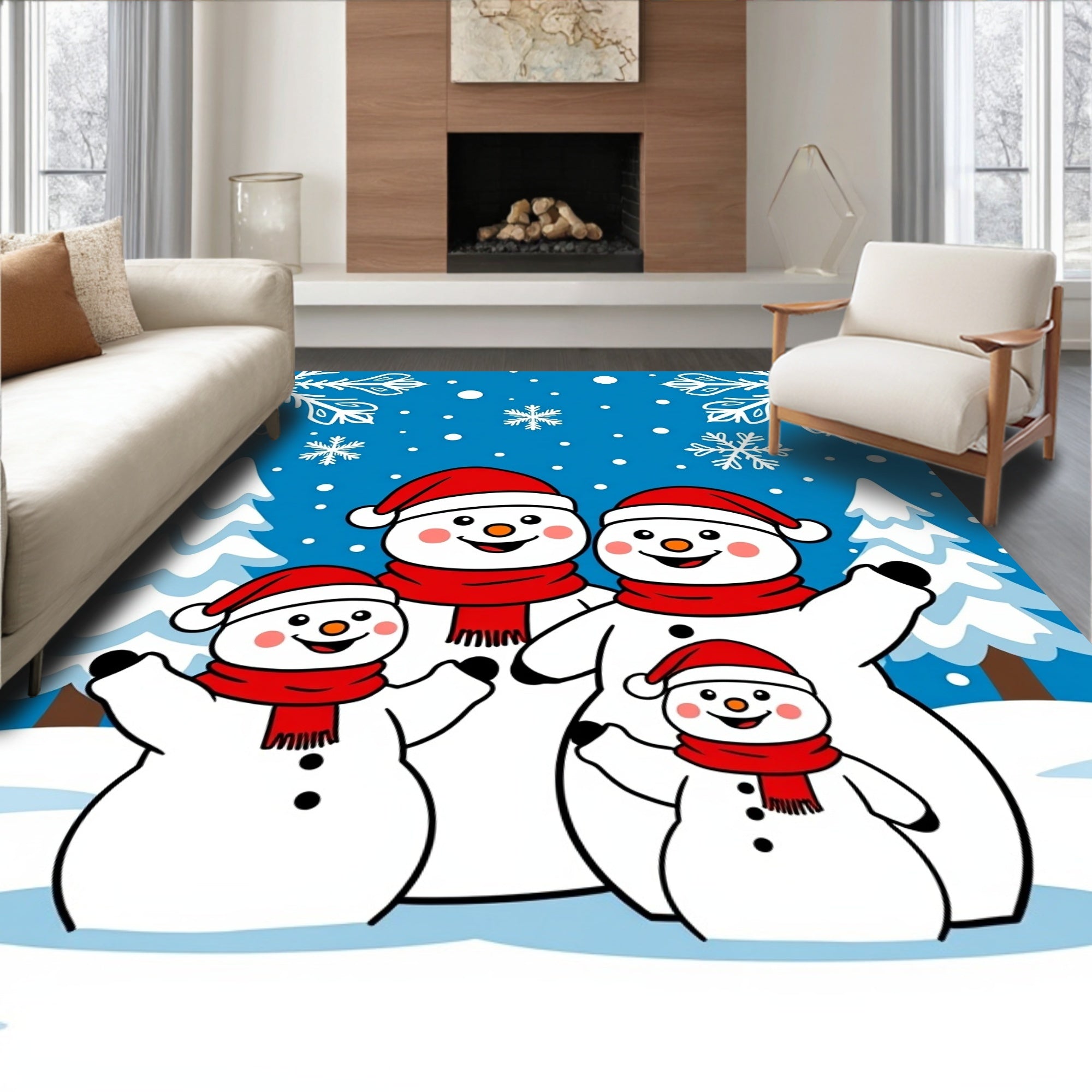 Festive Snowman Family Winter Scene Rug
