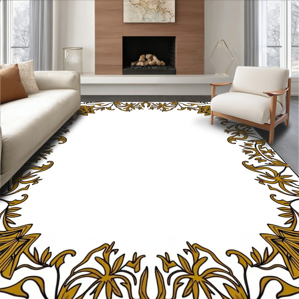 Golden Art Nouveau Floral Border Rug