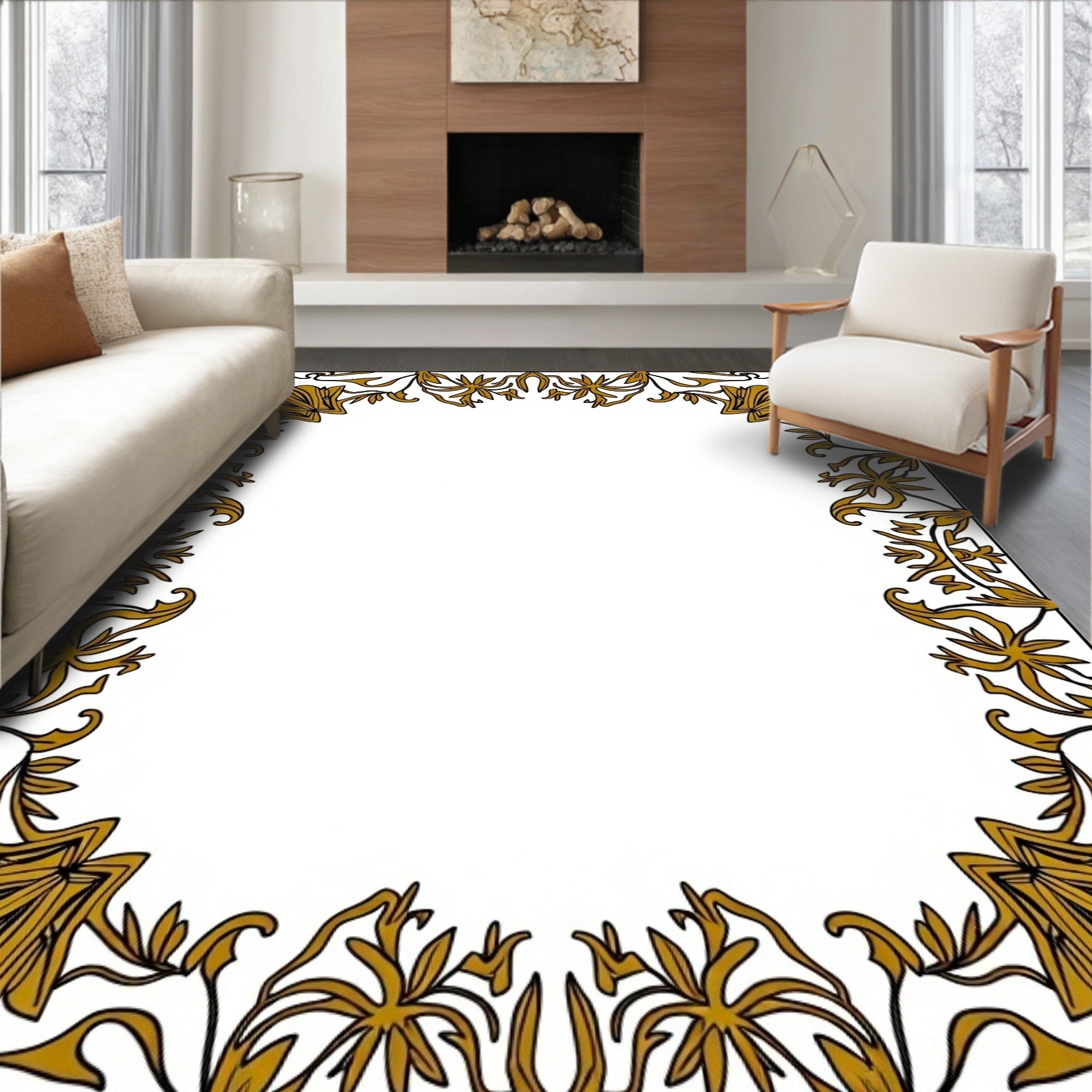 Golden Art Nouveau Floral Border Rug