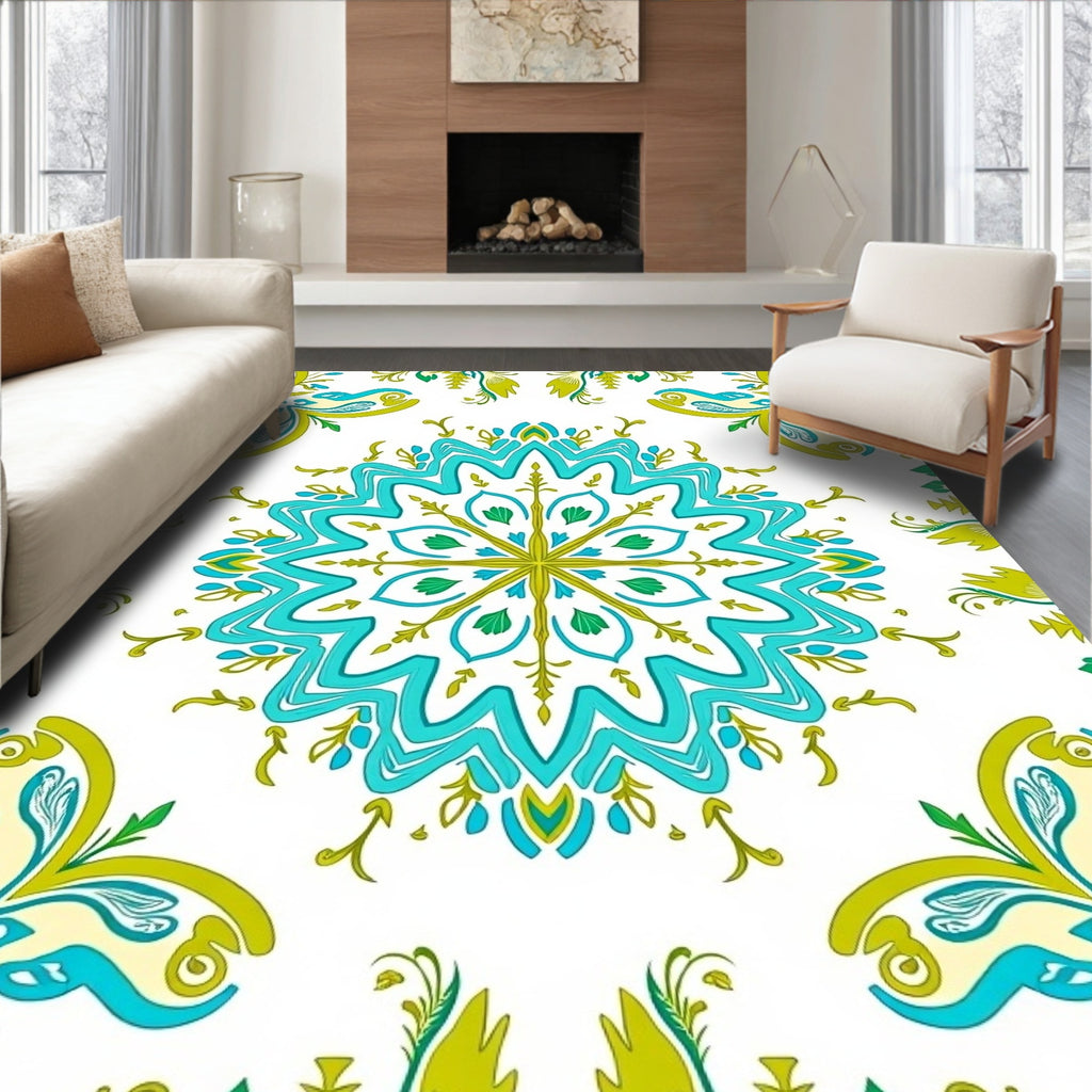 Turquoise Teal Floral Medallion Garden Rug