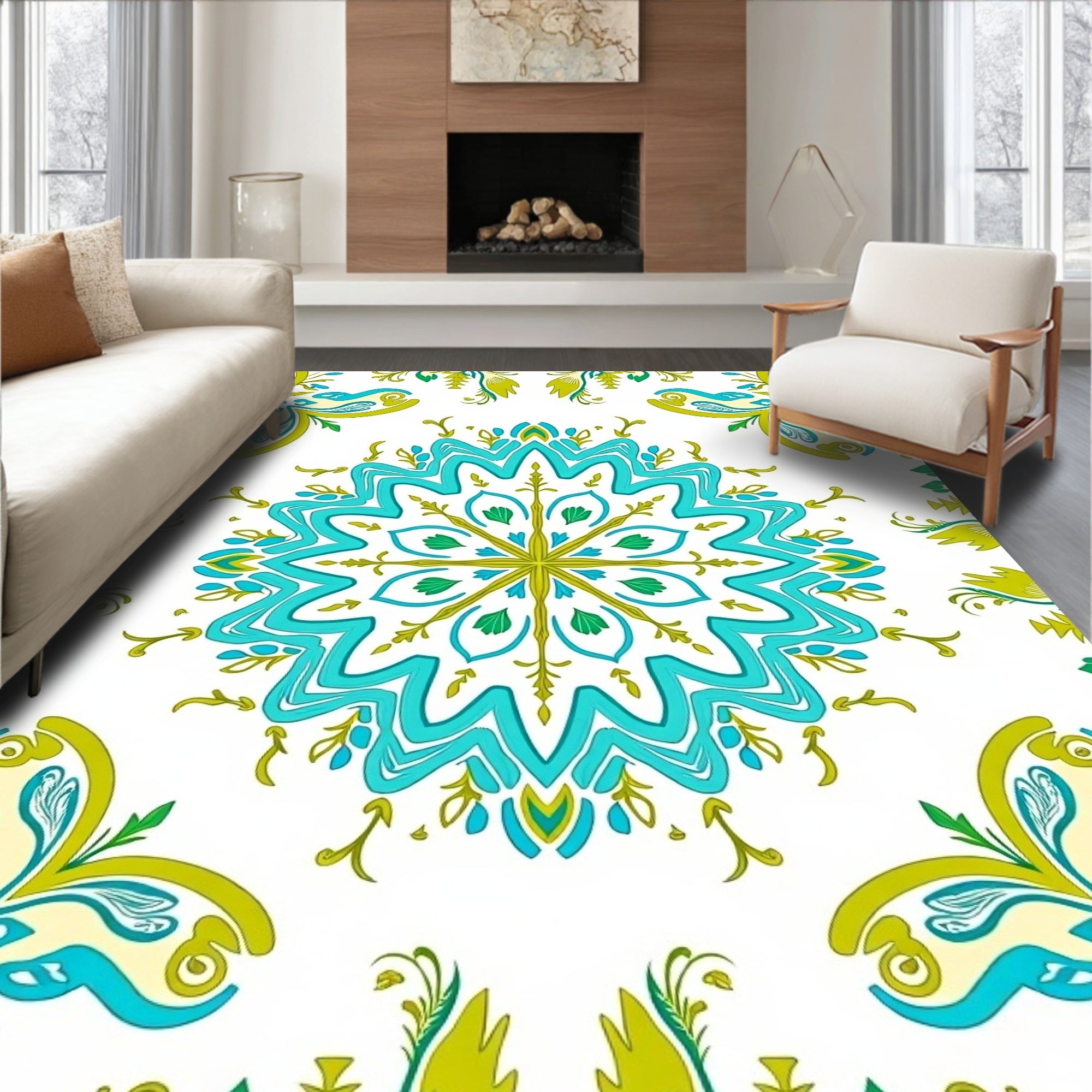 Turquoise Teal Floral Medallion Garden Rug