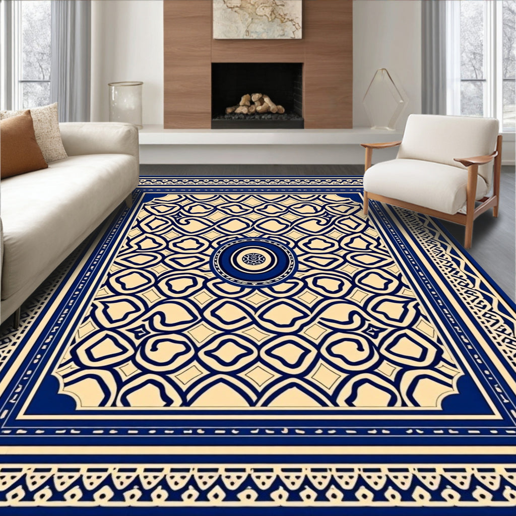 Deep Blue Cream Geometric Intricate Border Rug