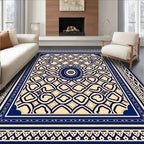Deep Blue Cream Geometric Intricate Border Rug