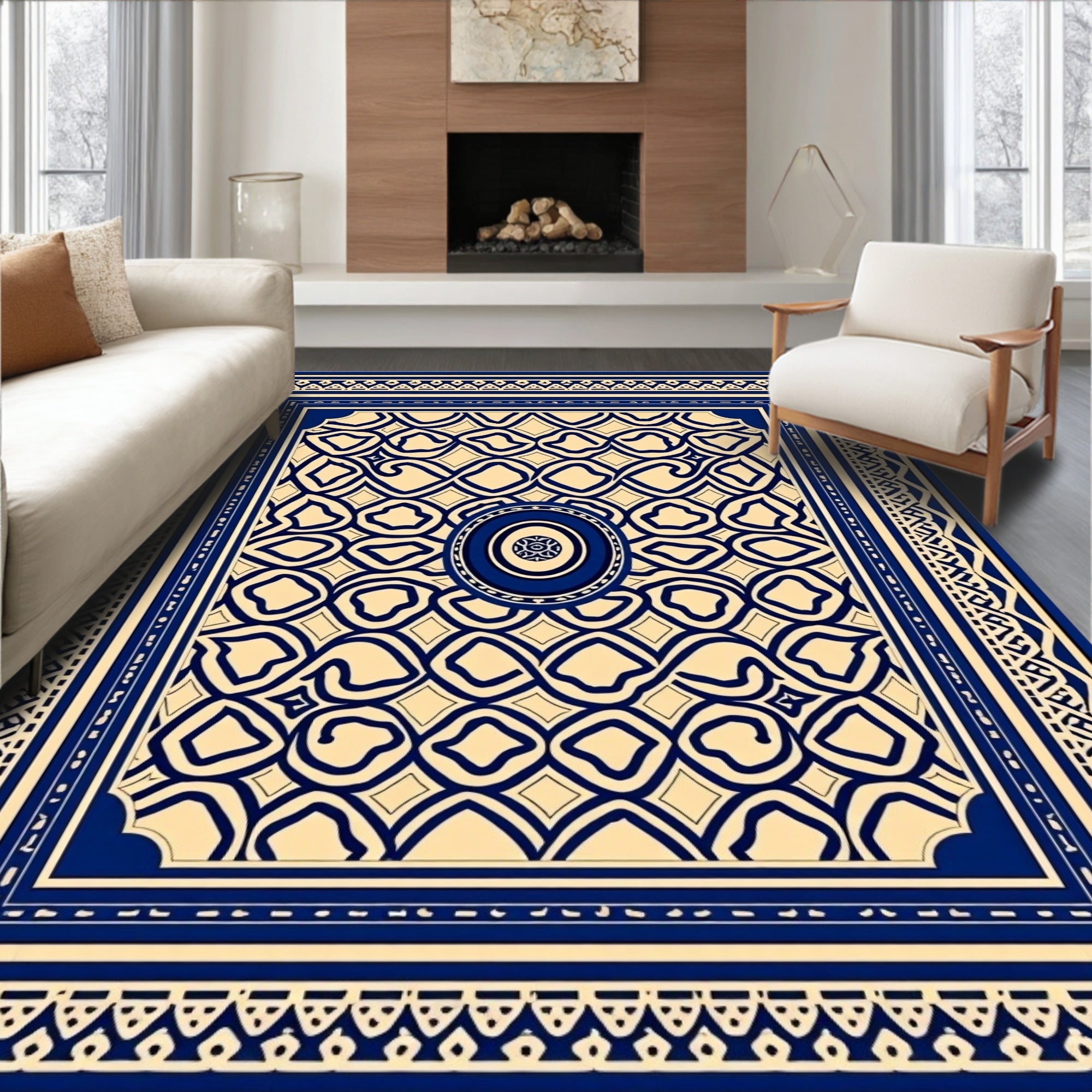 Deep Blue Cream Geometric Intricate Border Rug