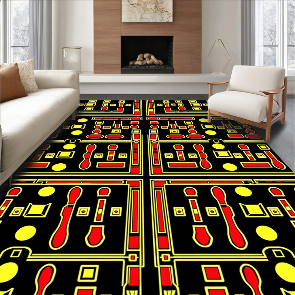 Retro Red Yellow Geometric Circuit Rug