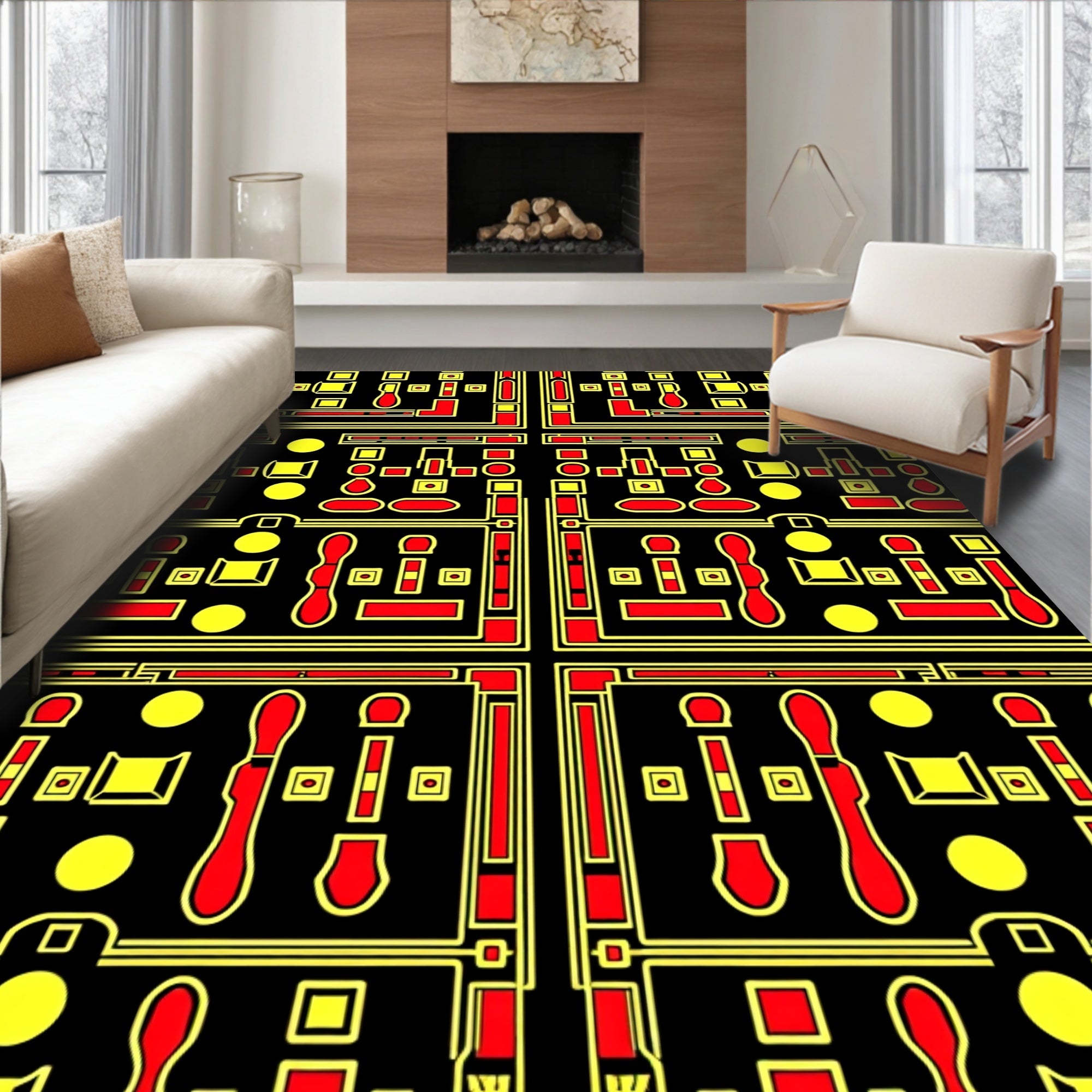 Retro Red Yellow Geometric Circuit Rug
