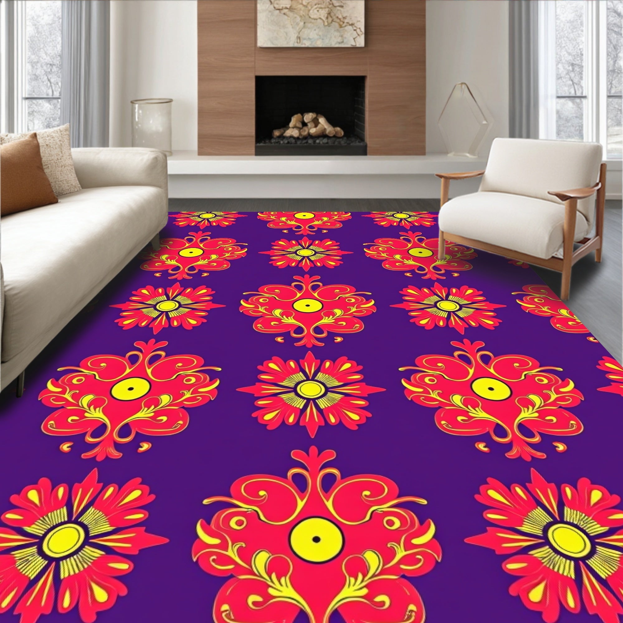 Vibrant Red Yellow Floral Medallions Rug