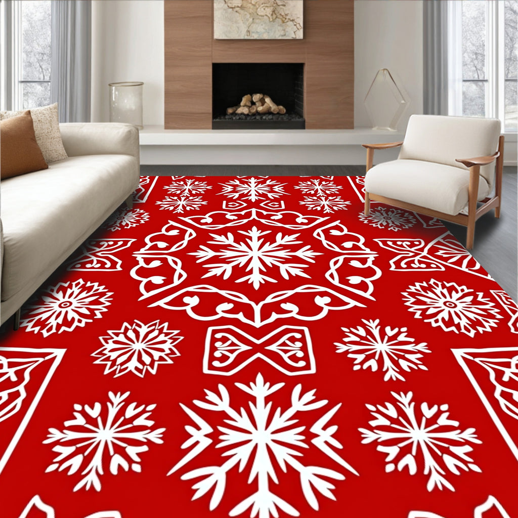 Red White Snowflake Mandala Rug