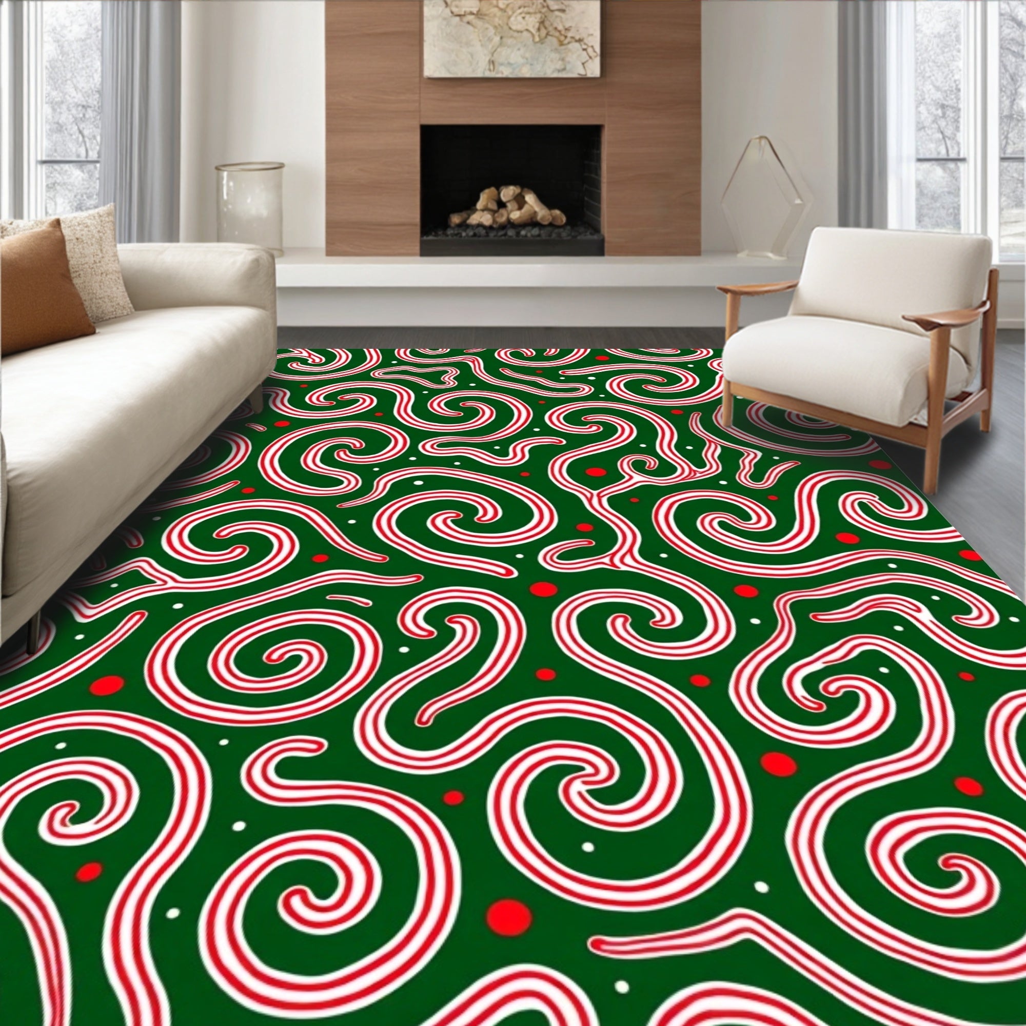 Emerald Green Swirling Candy Cane Shapes Rug