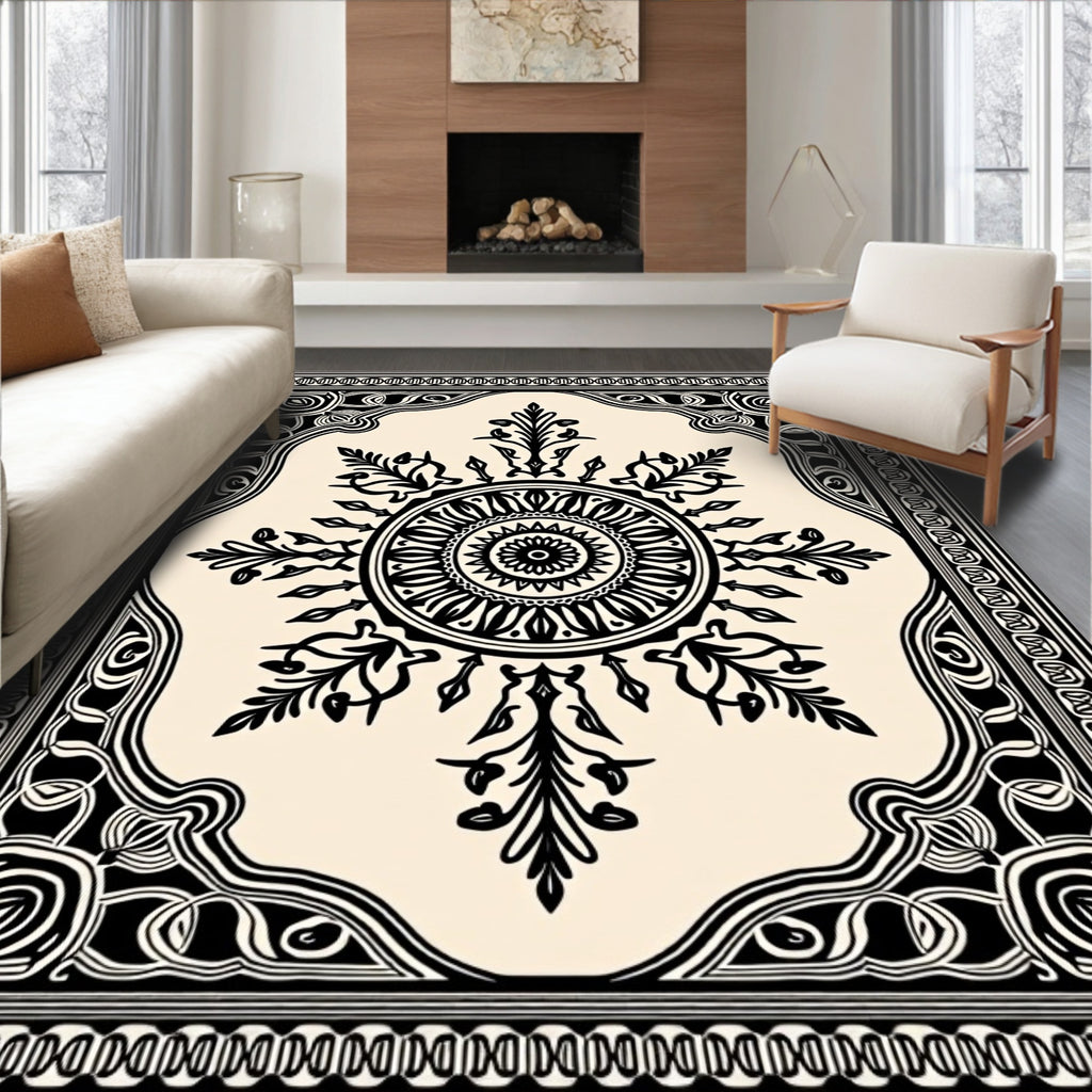 Ornate Black Cream Mandala Medallion Rug