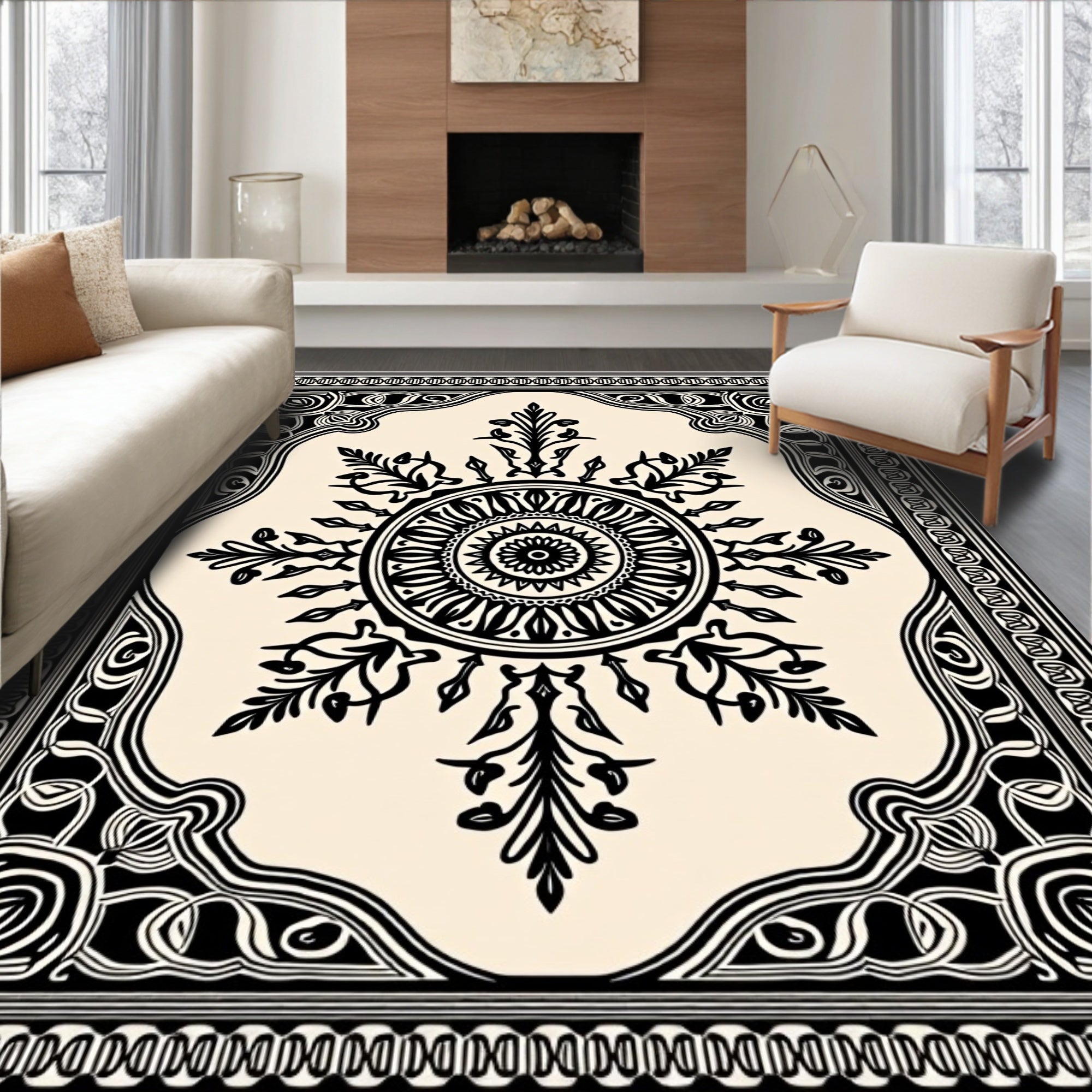 Ornate Black Cream Mandala Medallion Rug
