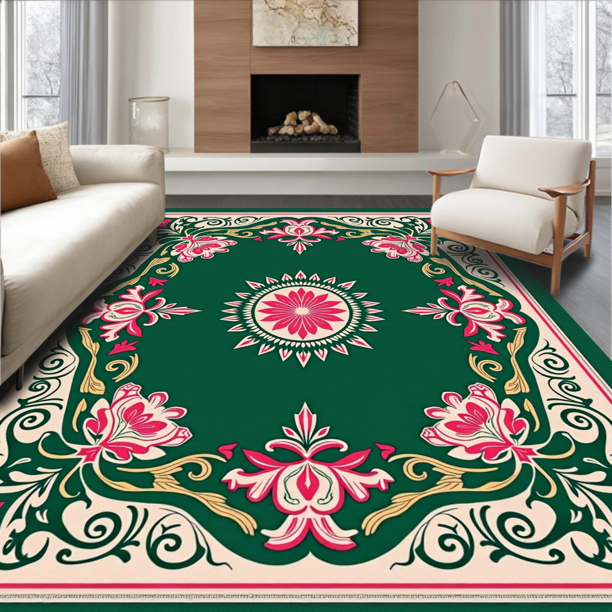 Emerald Floral Border Medallion Rug