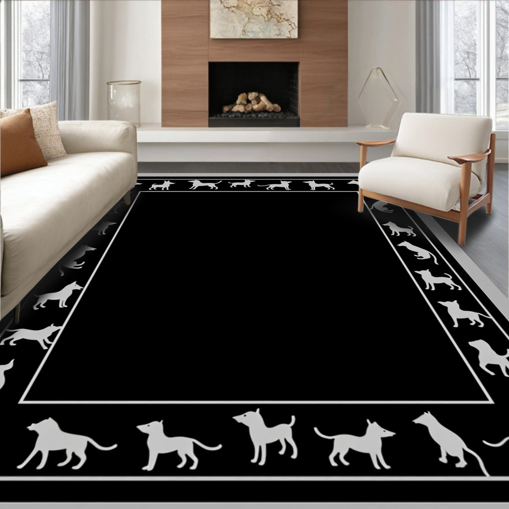 White Dog Silhouette Border on Black Rug