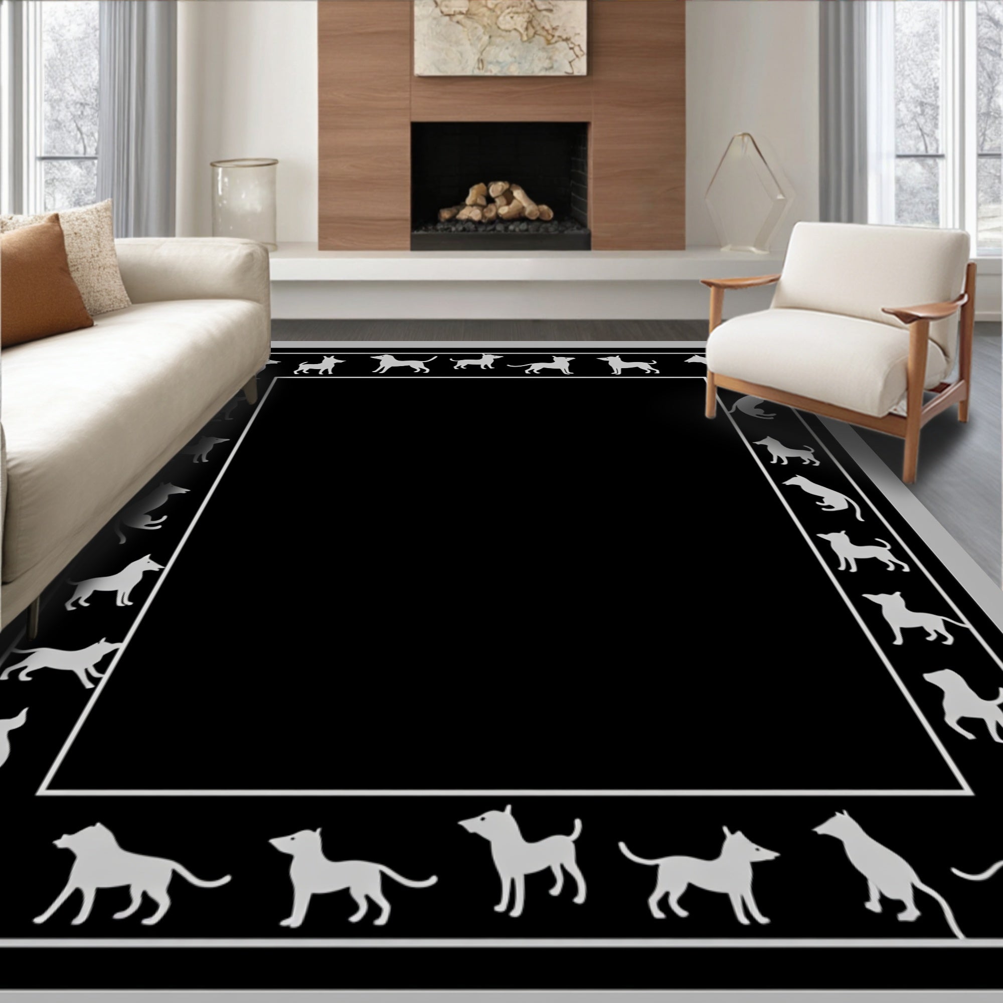 White Dog Silhouette Border on Black Rug