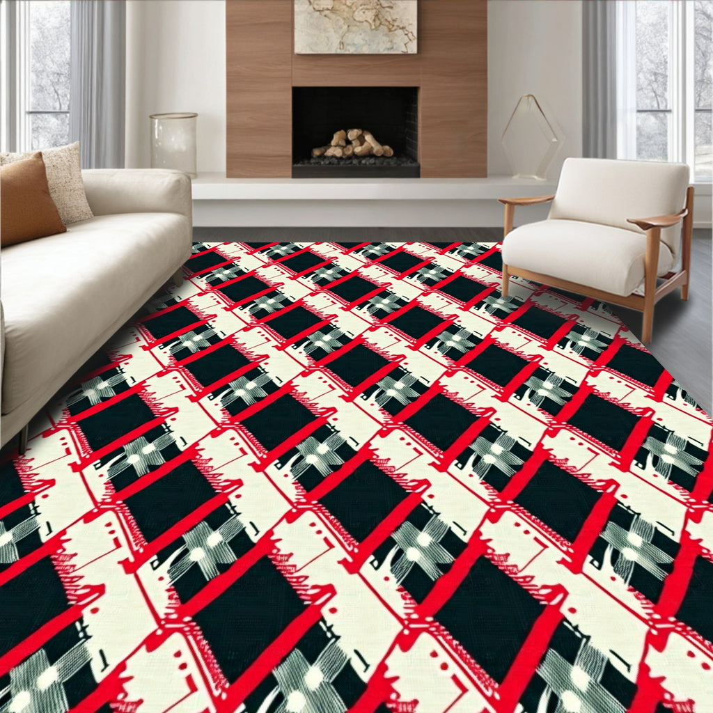 Bold Red Black Cream Diamond Plaid Rug