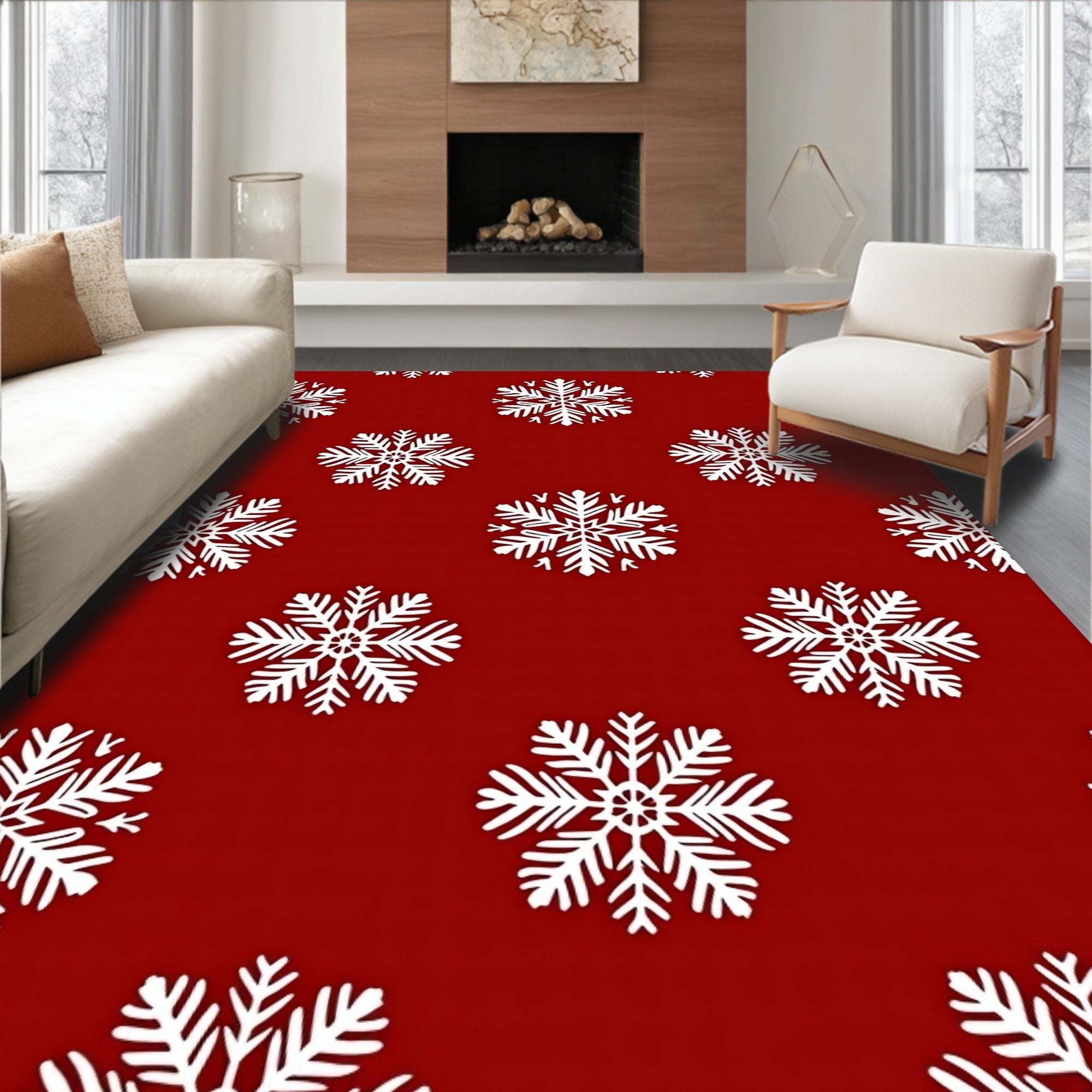 Crimson White Snowflake Medallion Rug