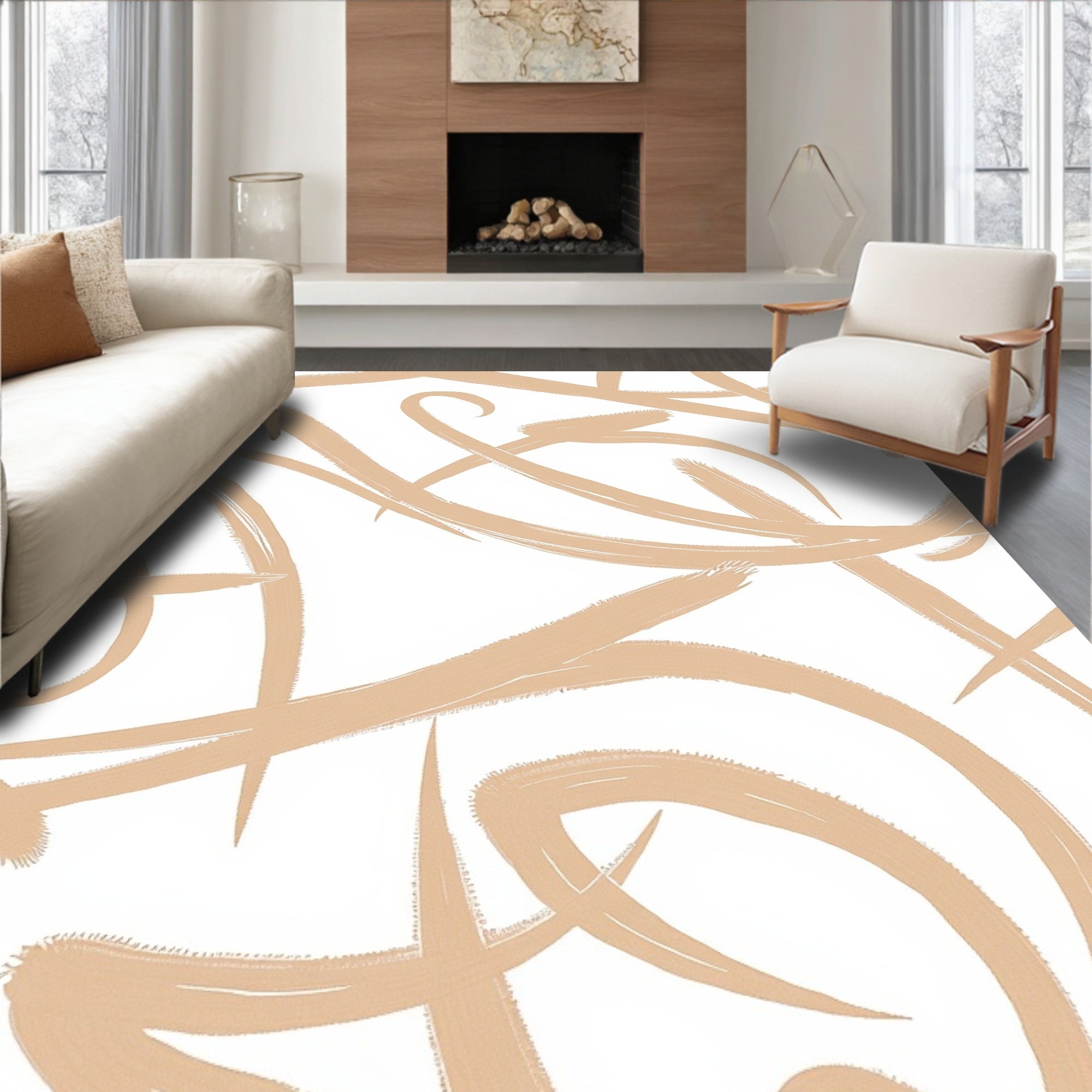 Abstract Tan Swirl Brush Strokes Rug