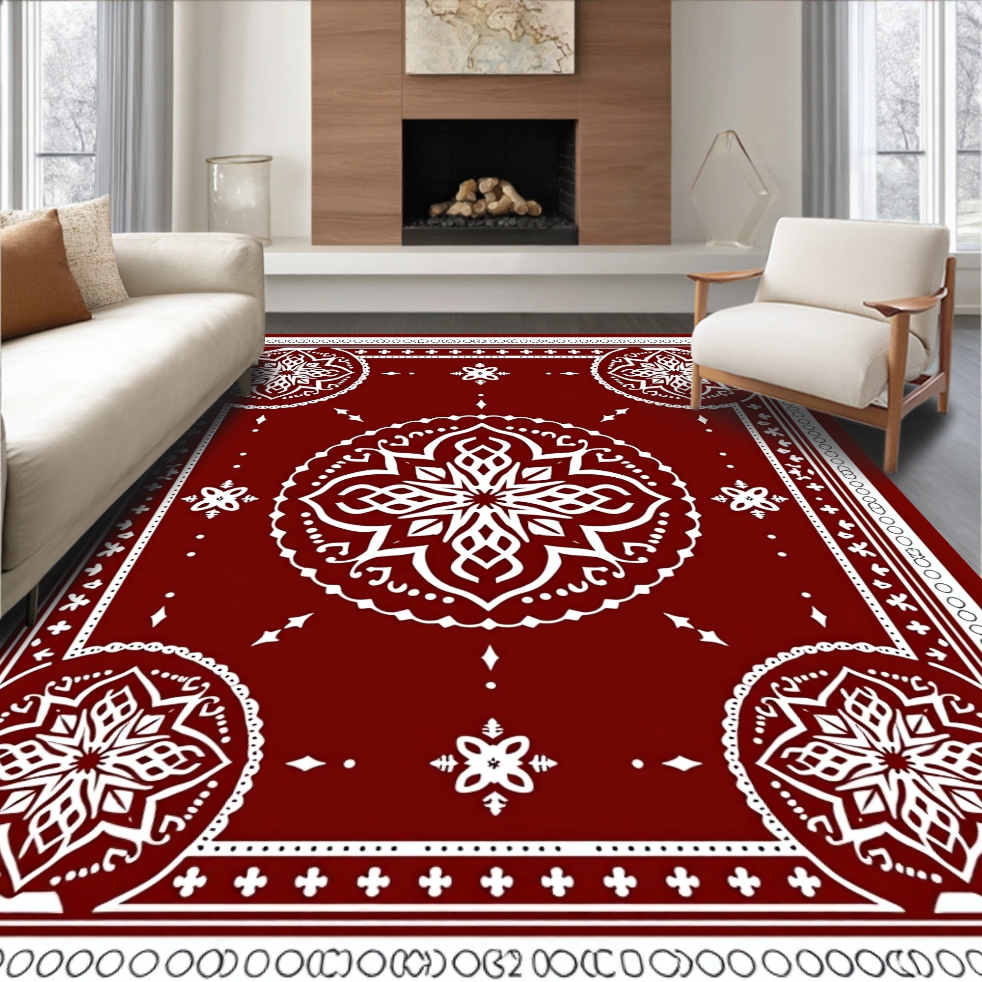 Deep Red Medallion Floral Borders Rug