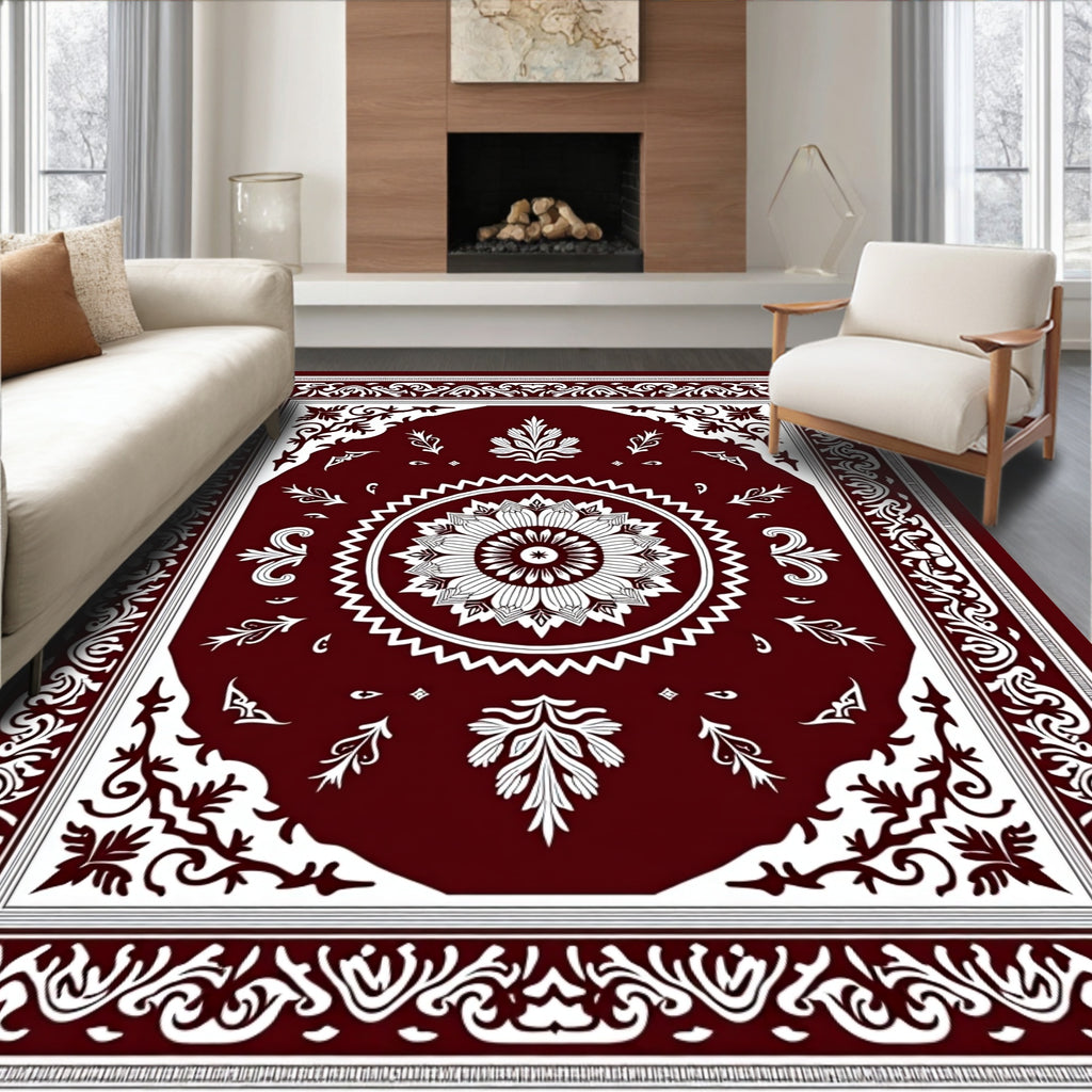 Rich Crimson Floral Medallion Border Rug