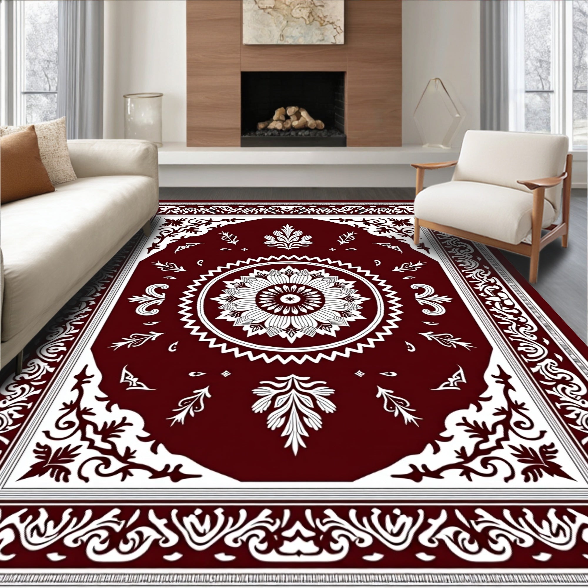 Rich Crimson Floral Medallion Border Rug