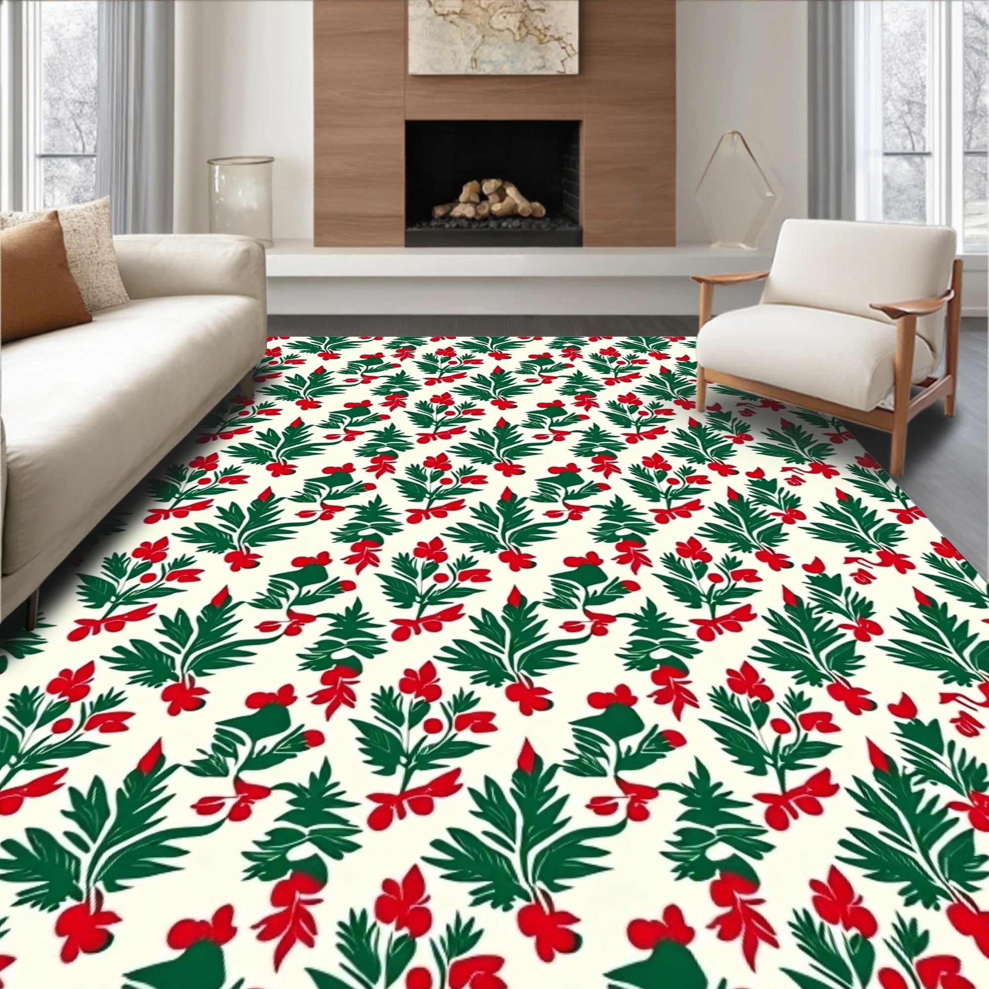 Green Red Berry Holly Sprigs Rug