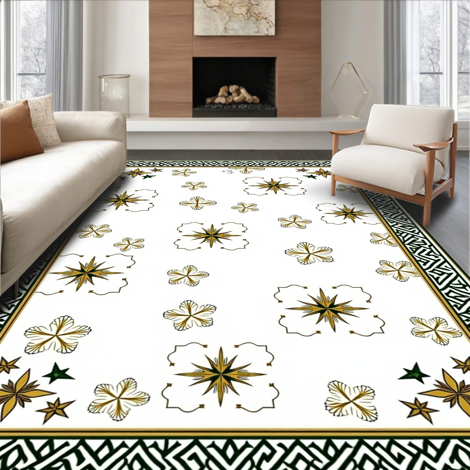 Grand Golden Starburst Floral Border Rug