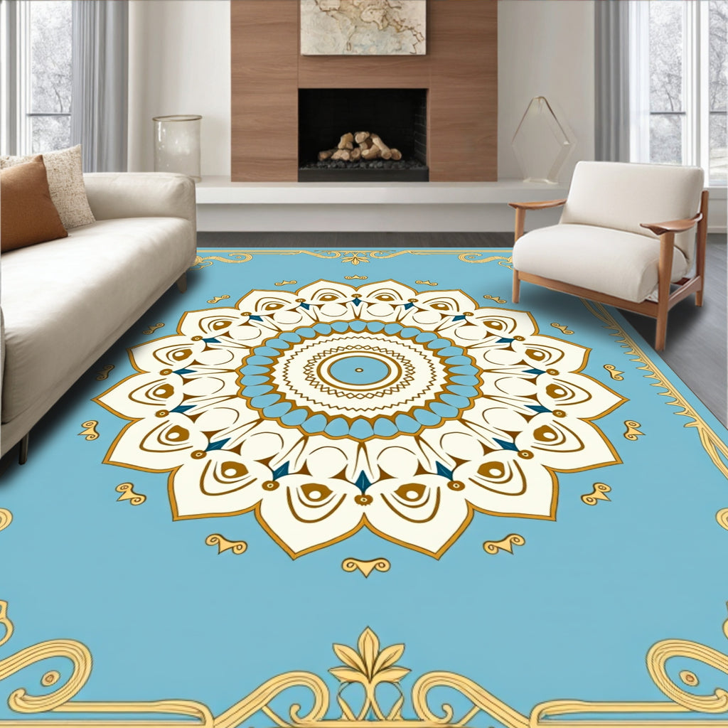 Light Blue Cream Golden Floral Mandala Rug