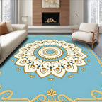 Light Blue Cream Golden Floral Mandala Rug