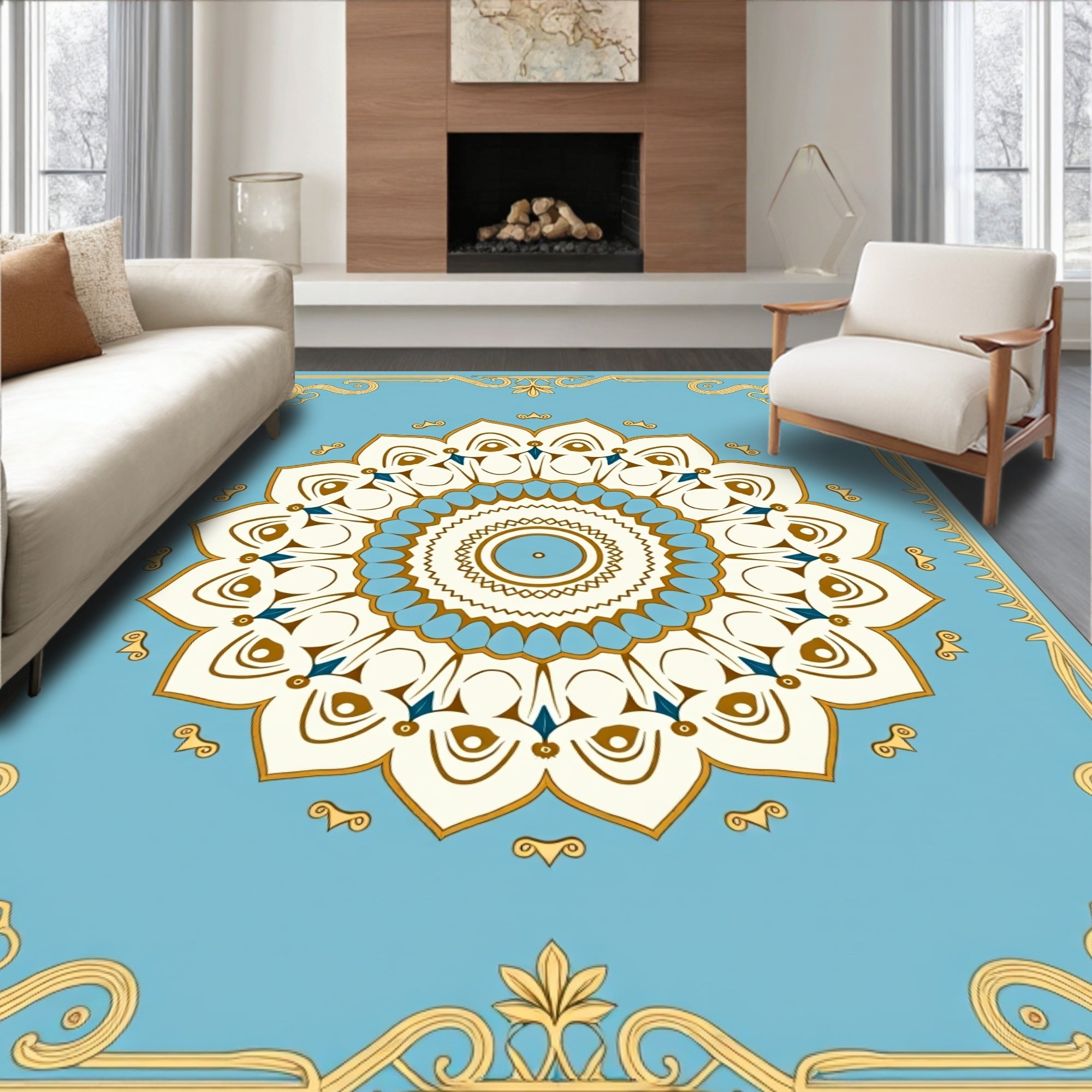 Light Blue Cream Golden Floral Mandala Rug