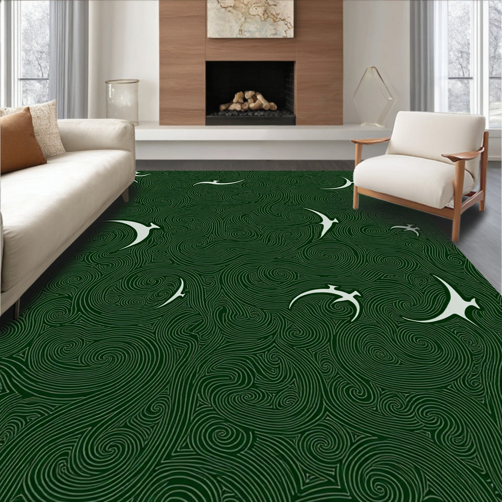 Dark Teal Swirling Birds Art Rug