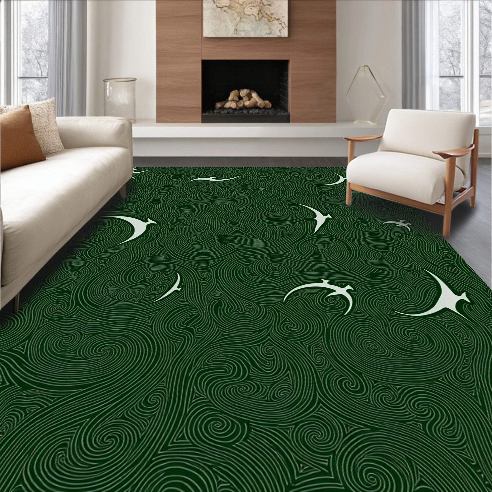 Dark Teal Swirling Birds Art Rug