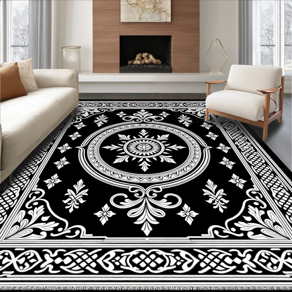Grand Black White Floral Medallion Rug