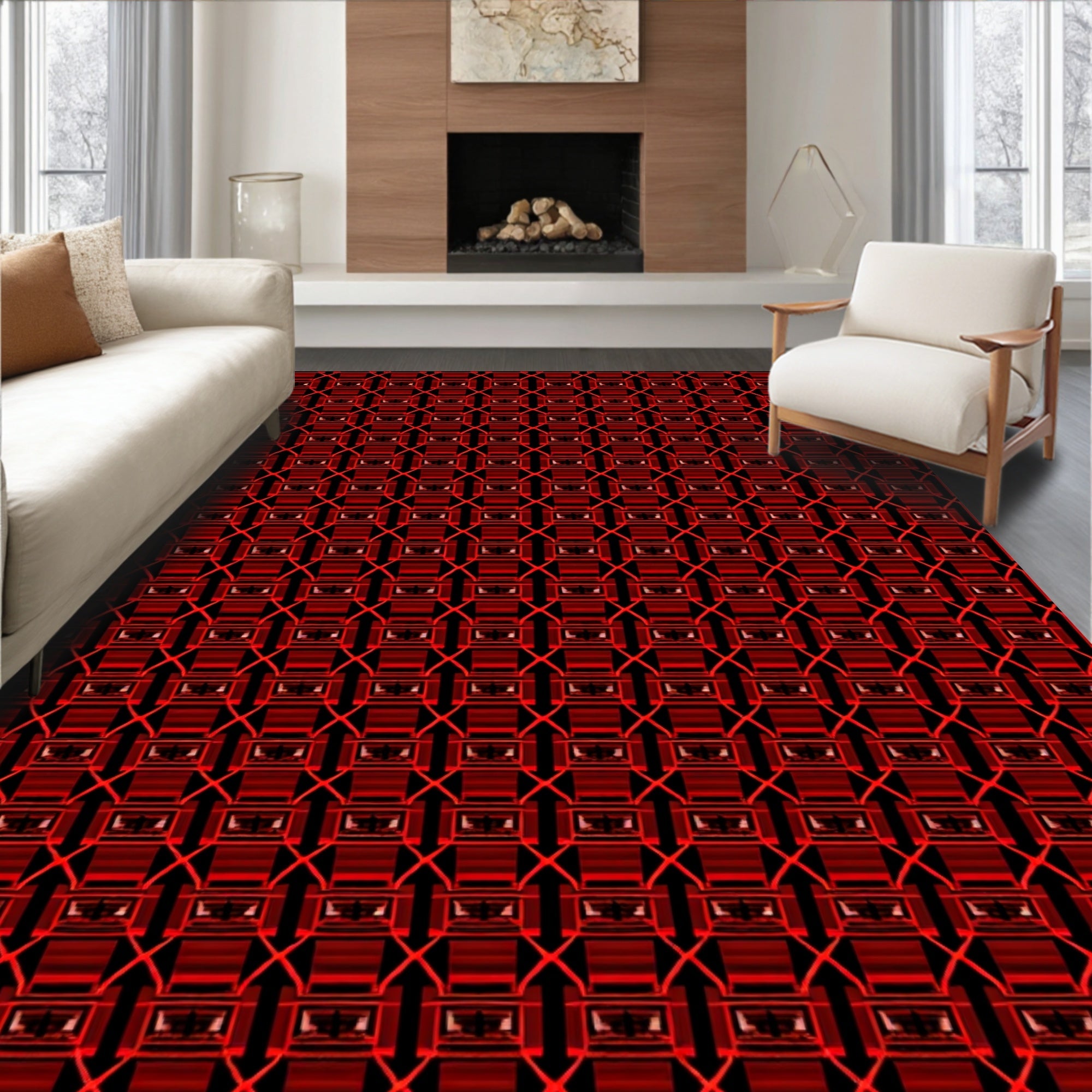 Intense Crimson Geometric Lattice Rug
