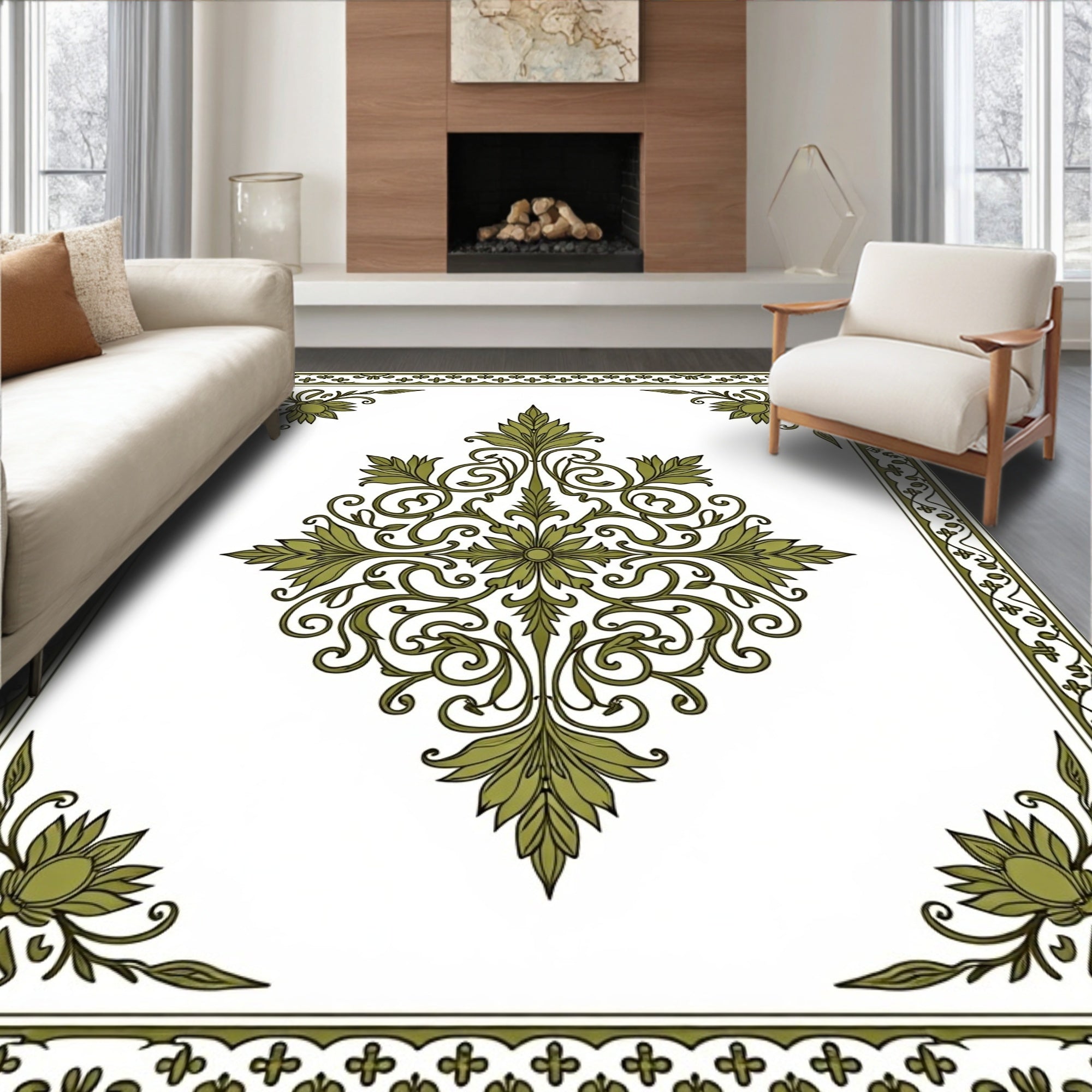 Olive Green Floral Medallion Border Rug