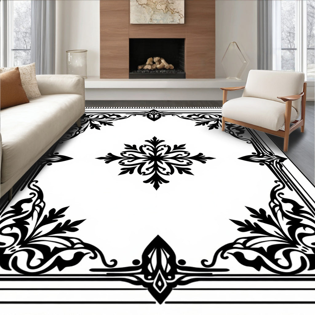 Ornate Black and White Floral Medallion Rug