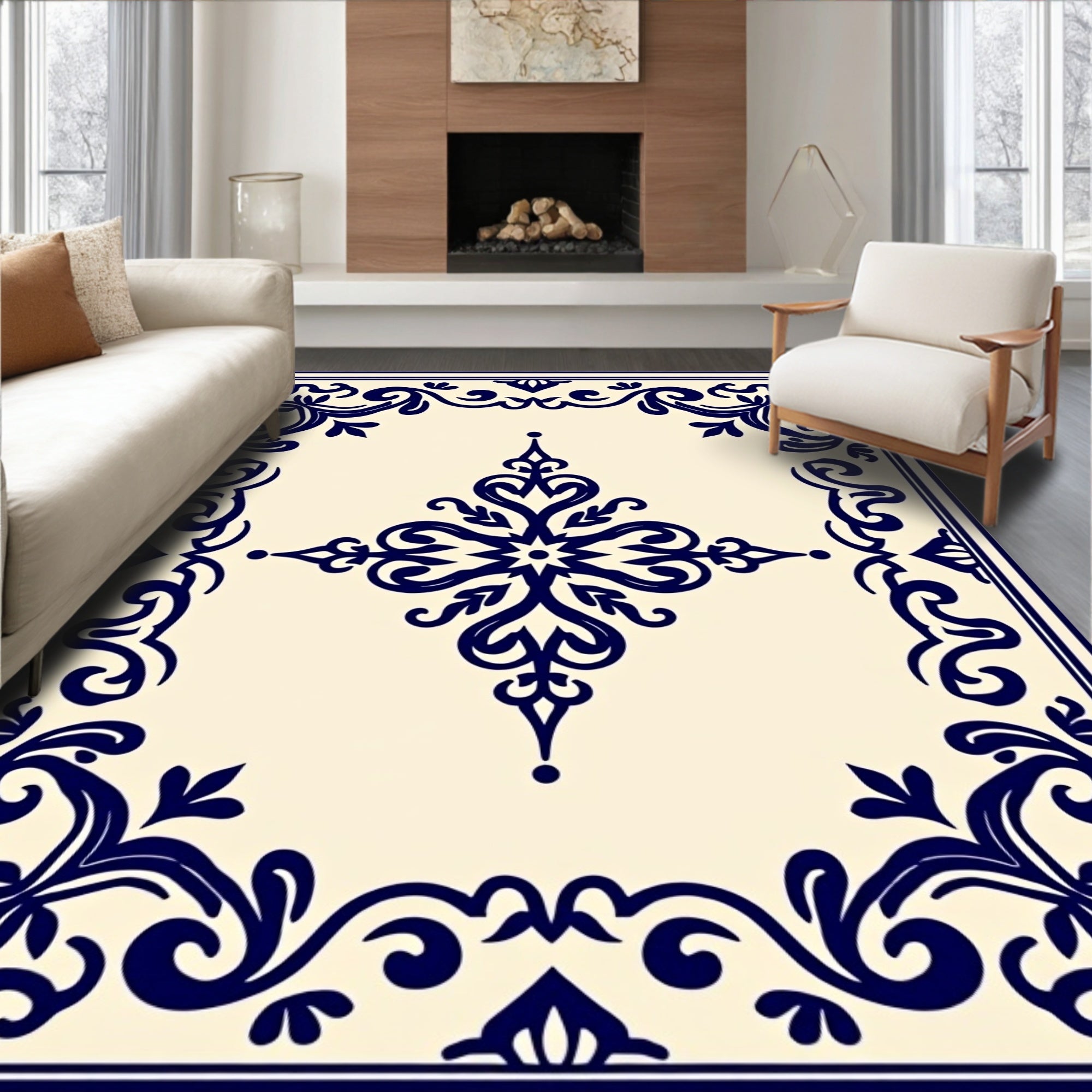 Deep Blue Floral Scroll Medallion Rug