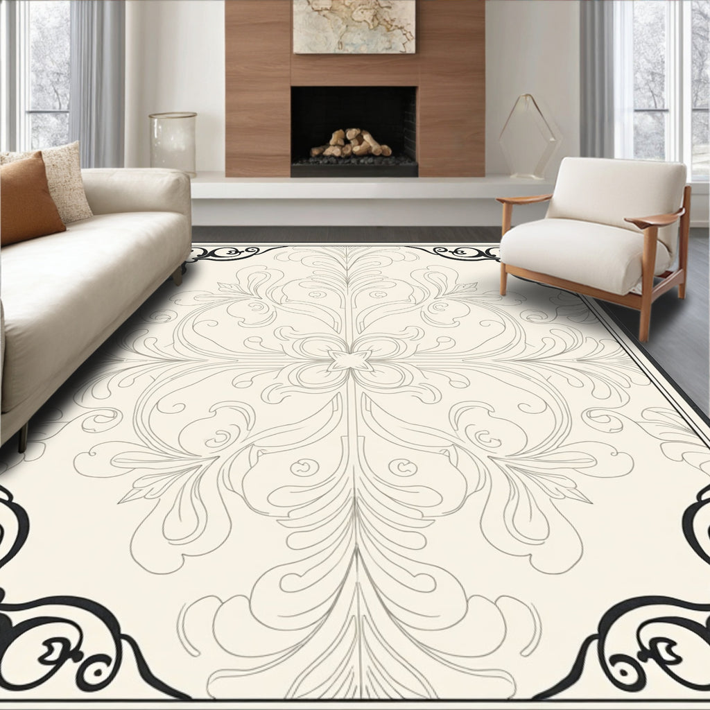 Cream and Black Scrollwork Floral Rug