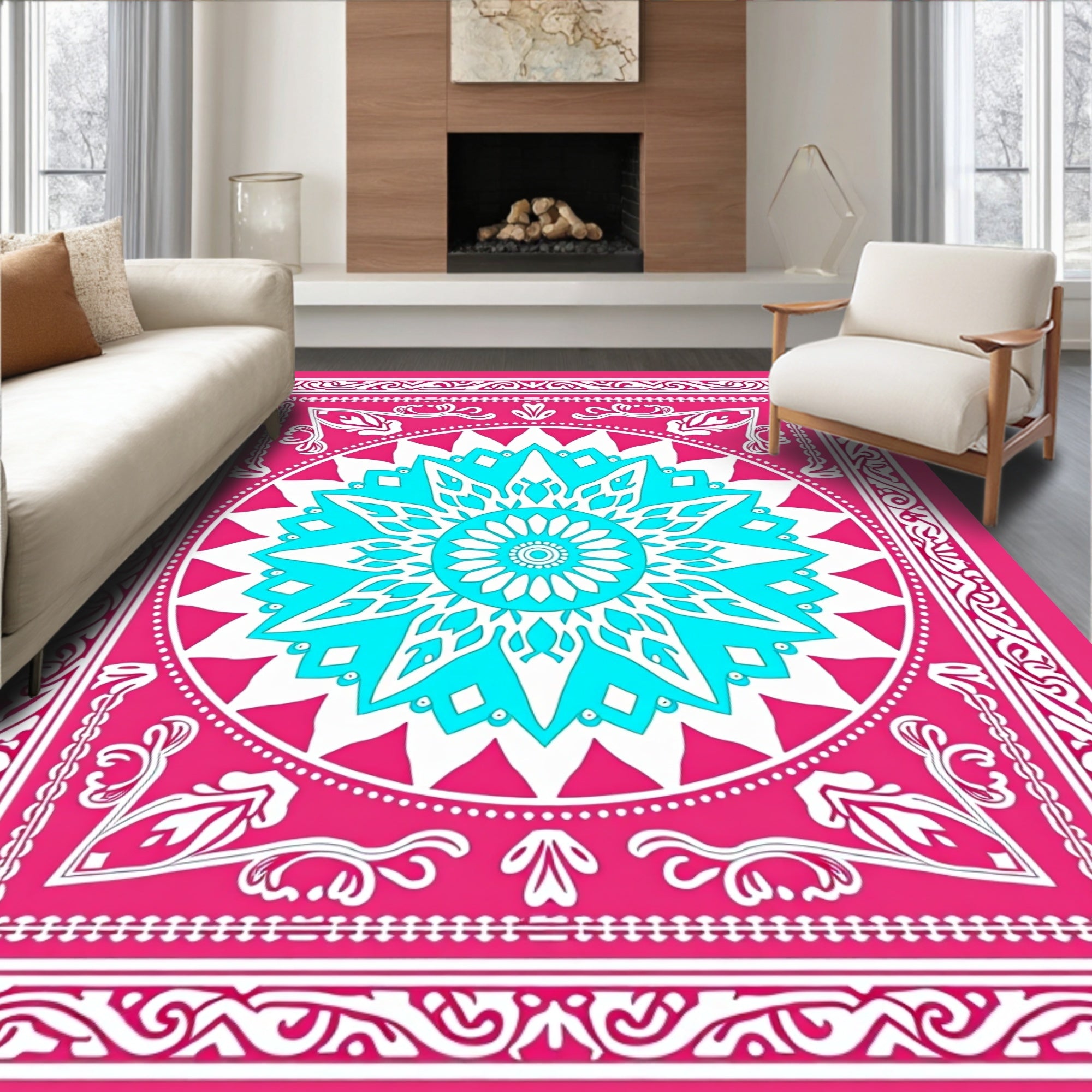 Bright Fuchsia Cyan Sunburst Medallion Rug