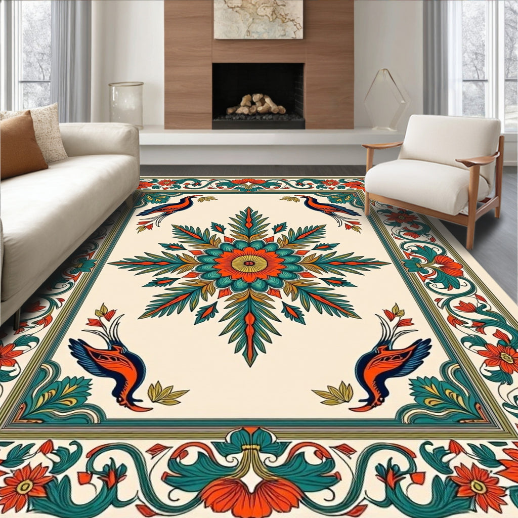 Vibrant Orange Teal Bird Medallion Rug