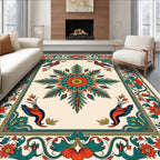 Vibrant Orange Teal Bird Medallion Rug