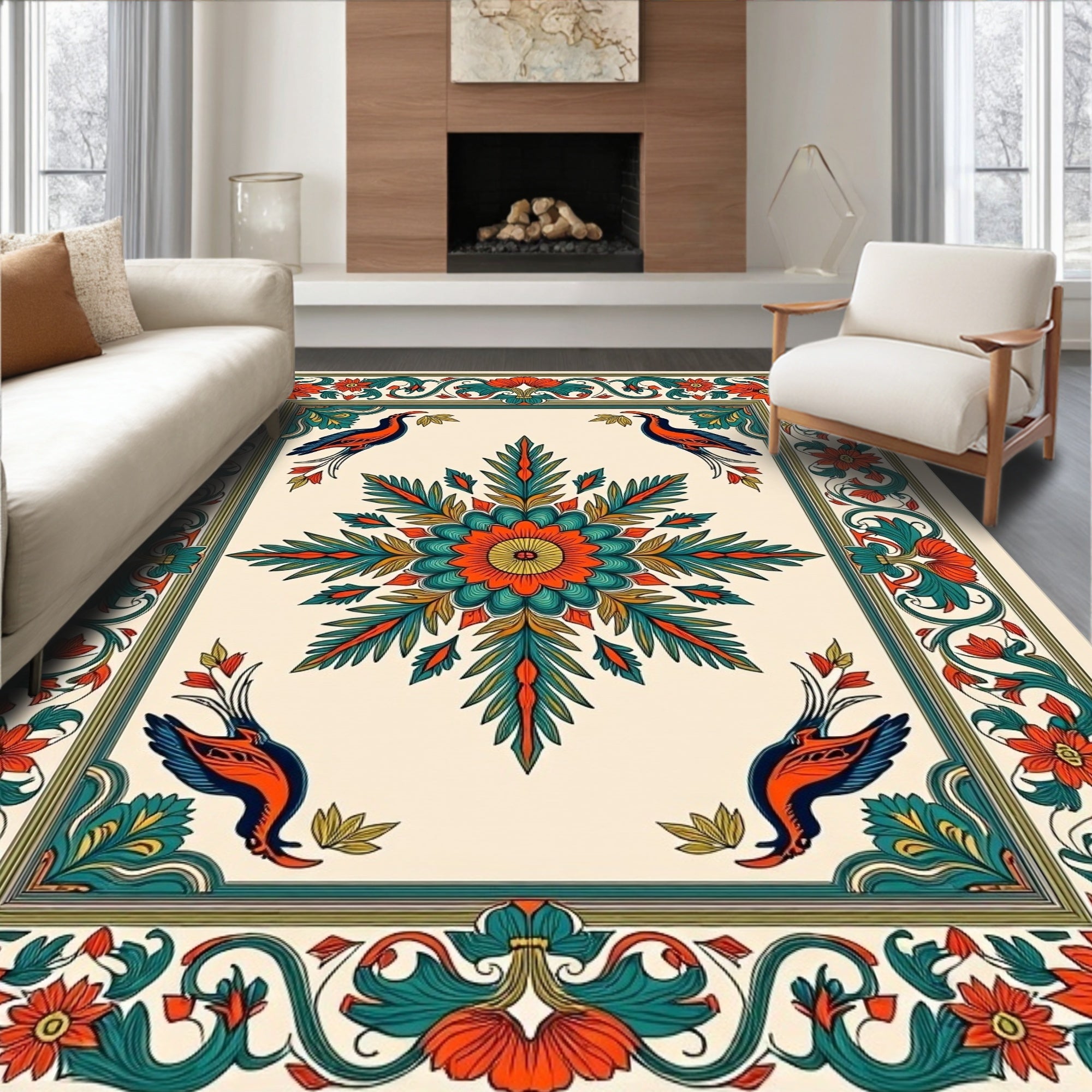 Vibrant Orange Teal Bird Medallion Rug