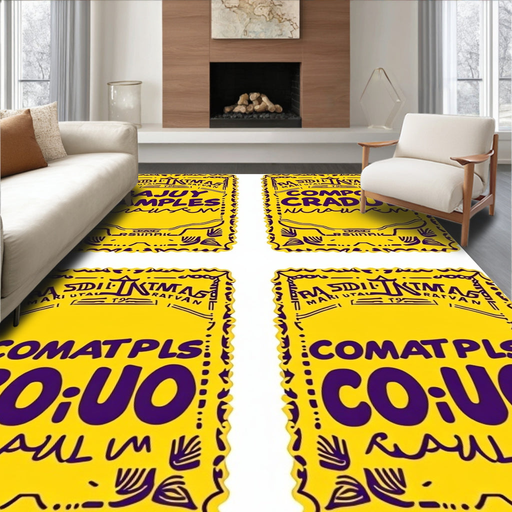 Yellow Purple Whimsical Tribal Folk Art Rug