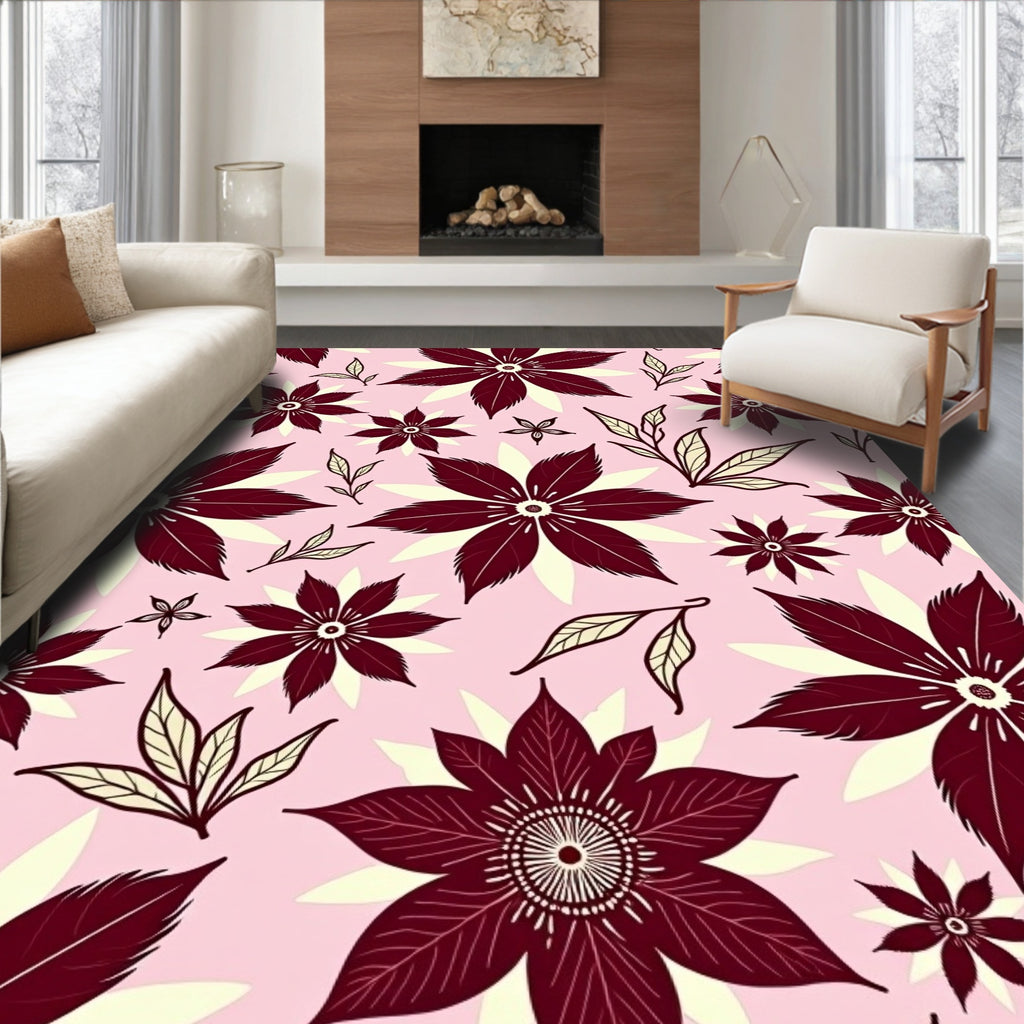 Maroon Floral Medallion Cream Background Rug
