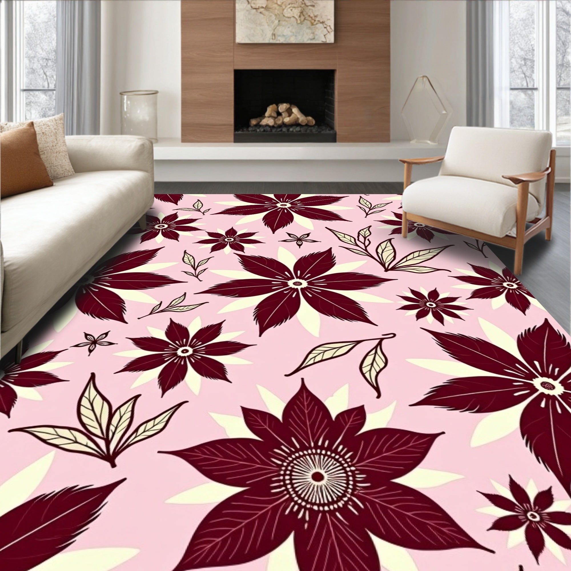 Maroon Floral Medallion Cream Background Rug