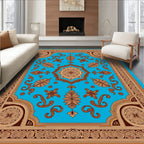 Vibrant Blue Golden Floral Medallion Rug