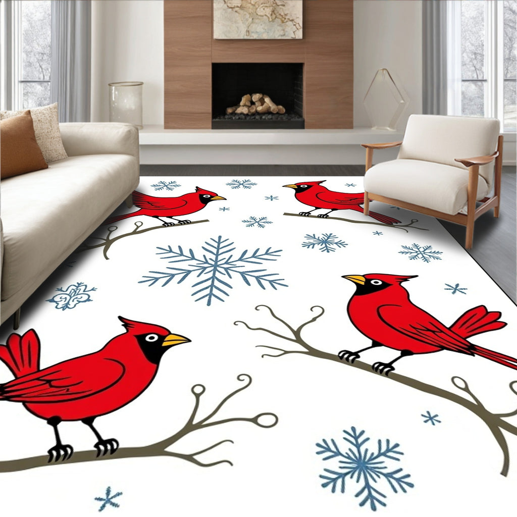 Crimson Cardinals Snowflakes Winter Branches Rug