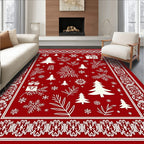 Red White Festive Holiday Trees Snowflakes Rug