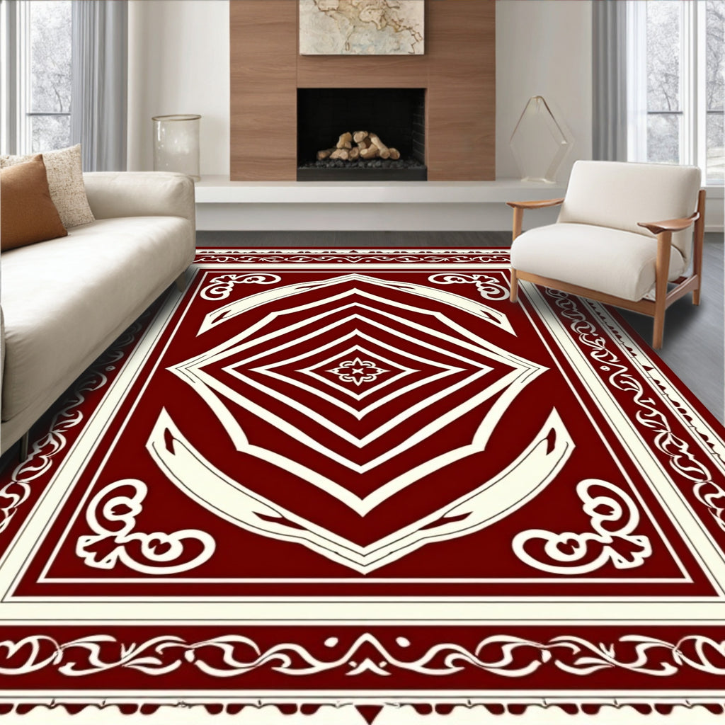 Deep Red Ivory Geometric Diamond Rug