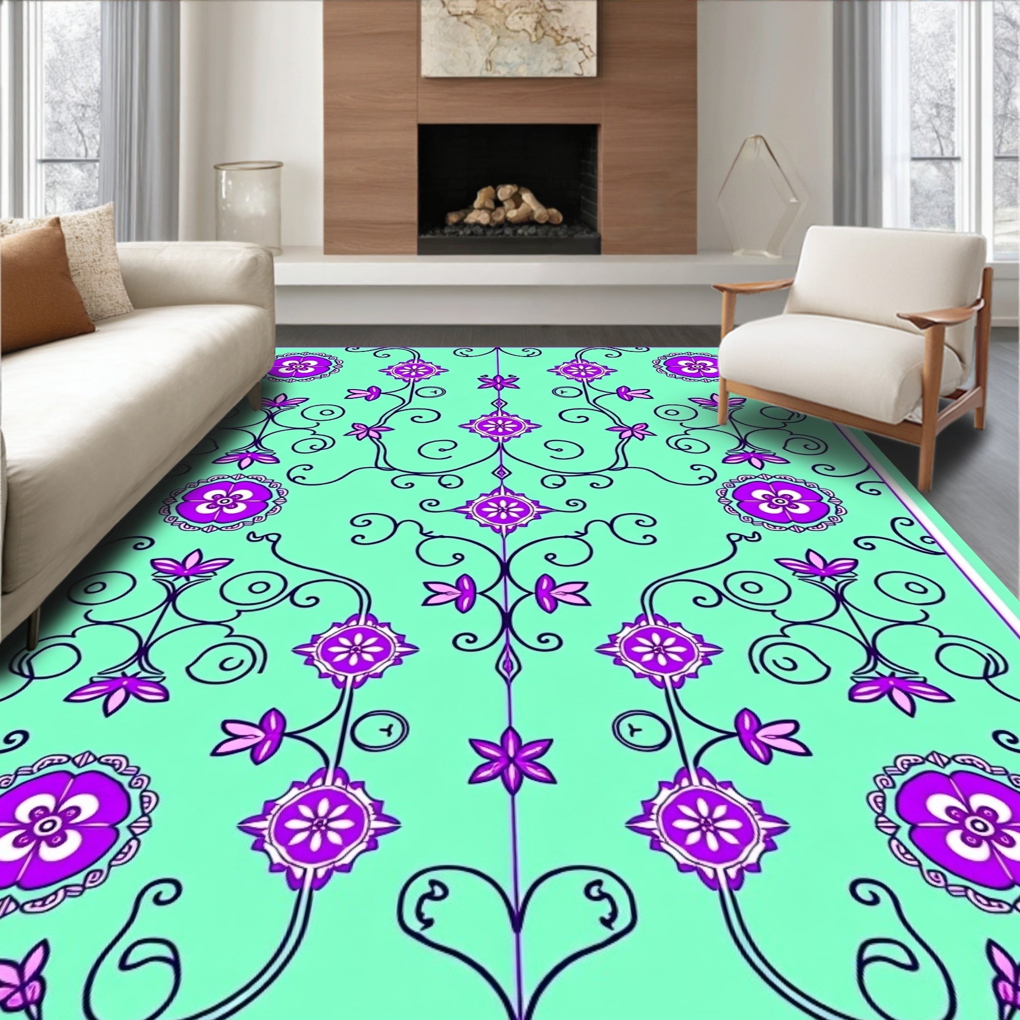 Aqua Purple Floral Vine Scroll Rug